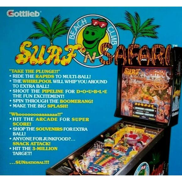 Surf N Safari Pinball FLYER 1991 Original Unused Artwork Theme Park Waterpark - Picture 1 of 4